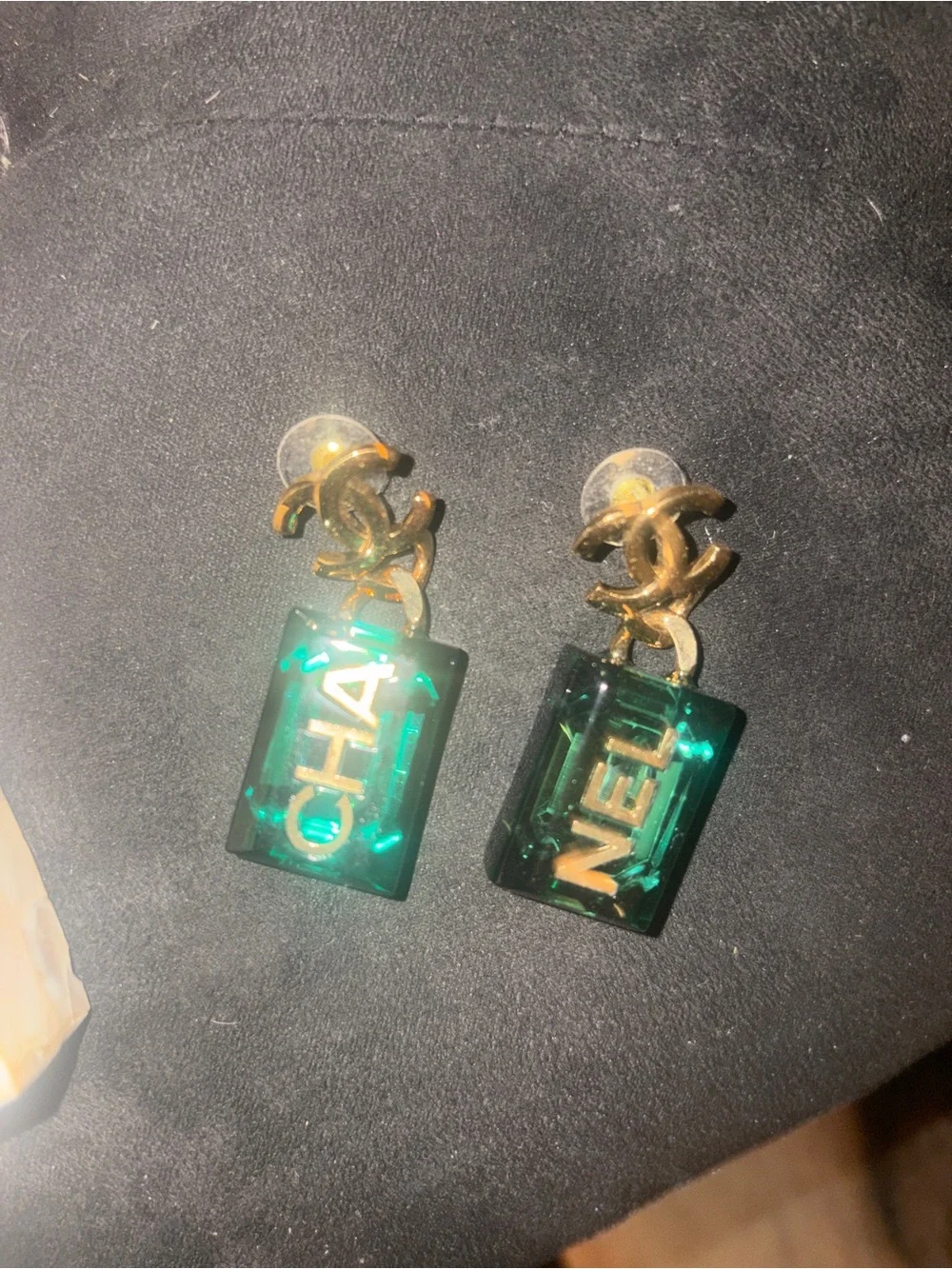 CHANEL Gold-Tone CC Drop Earrings with Emerald Green Resin Tag